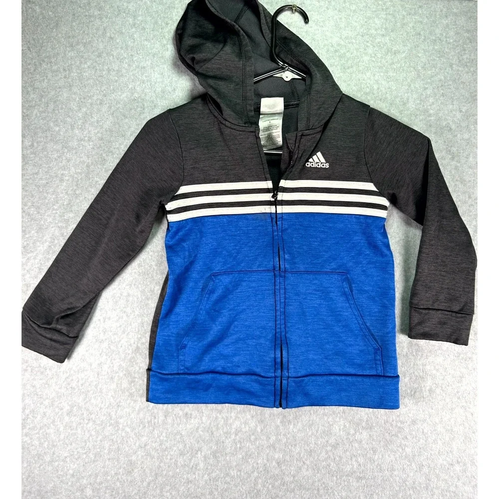 Adidas Jacket Boys 6 Black Blue Colorblock Kangaroo Pockets Long Sleeve Full Zip